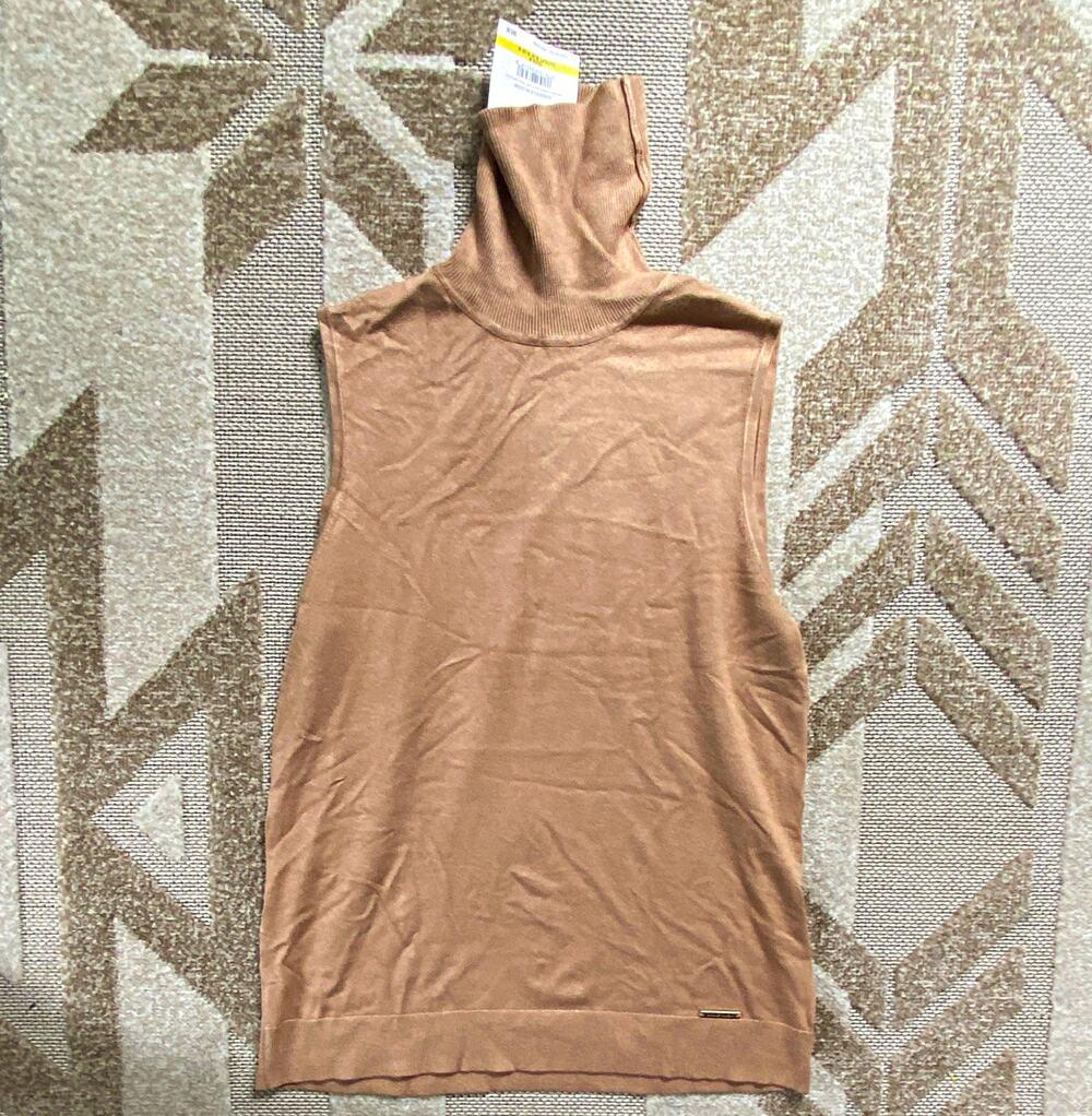 Anne Klein Women’s Camel Solid Knit Sleeveless Turtleneck Sweater Pullover M